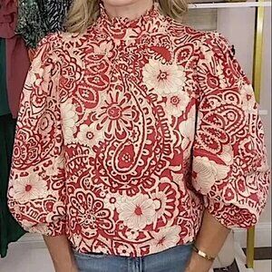 Pinch Women's Paisley Floral Print Ruffle Balloon Sleeve Cotton Peasant Top XS